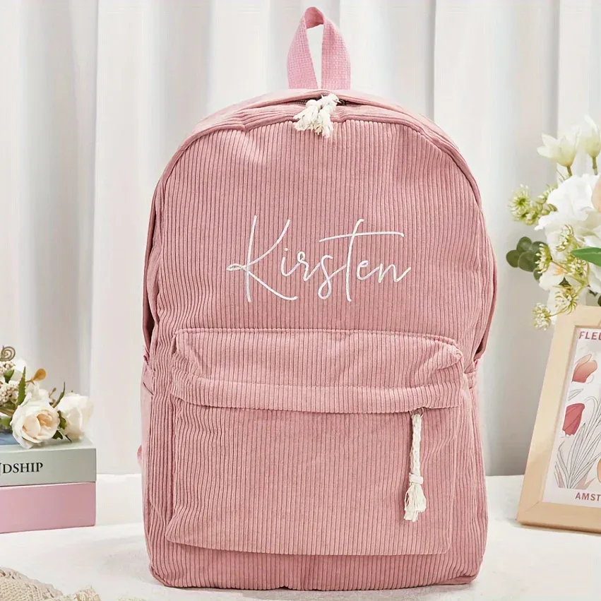 sac à dos en velours côtelé personnalisé pour femmes, broderie vintage, nom personnalisé, sac d'école pour adolescentes, sac de voyage pour étudiantes, grande capacité