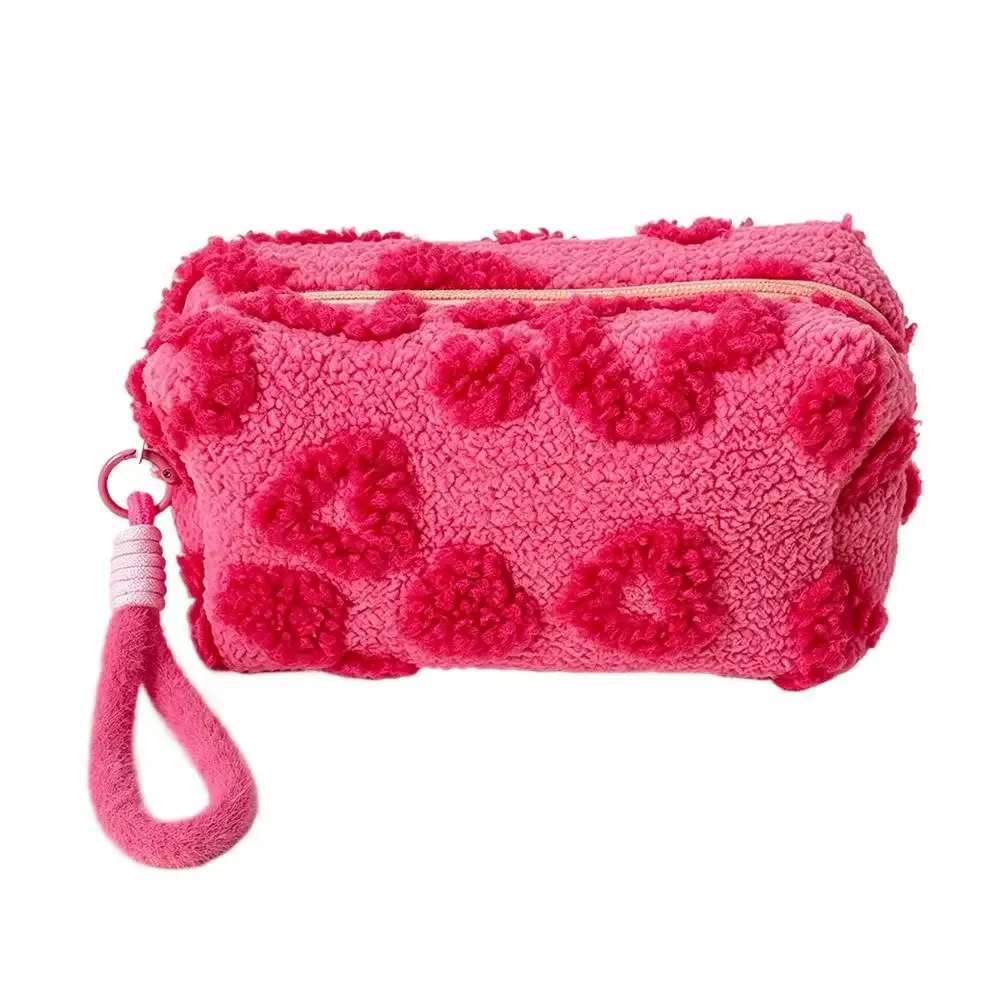 pochette de maquillage kawaii moelleuse avec dragonne, motif cœur, trousse de toilette de voyage, sac de rangement pour cosmétiques et beauté