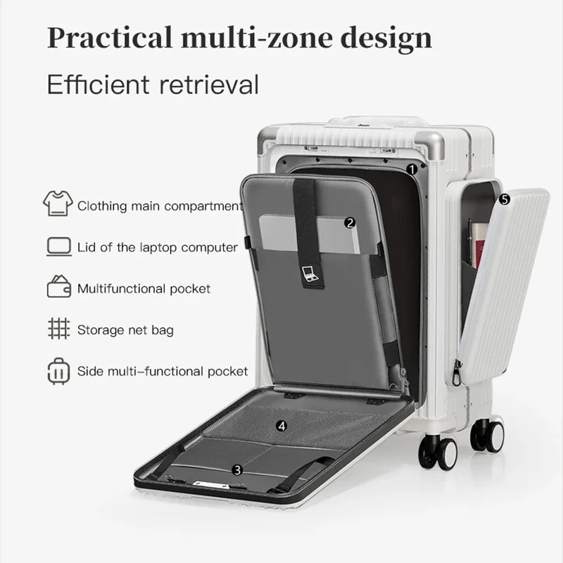 valise multifonctionnelle à ouverture frontale à trois ouvertures, nouveau style, matériau pc de 20 pouces avec poches doubles latérales, tra de grande capacité