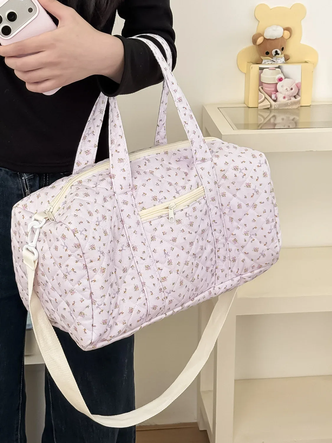 sac de voyage léger de grande capacité, sac boston à bandoulière, petit sac de voyage matelassé à motifs floraux, style tendance