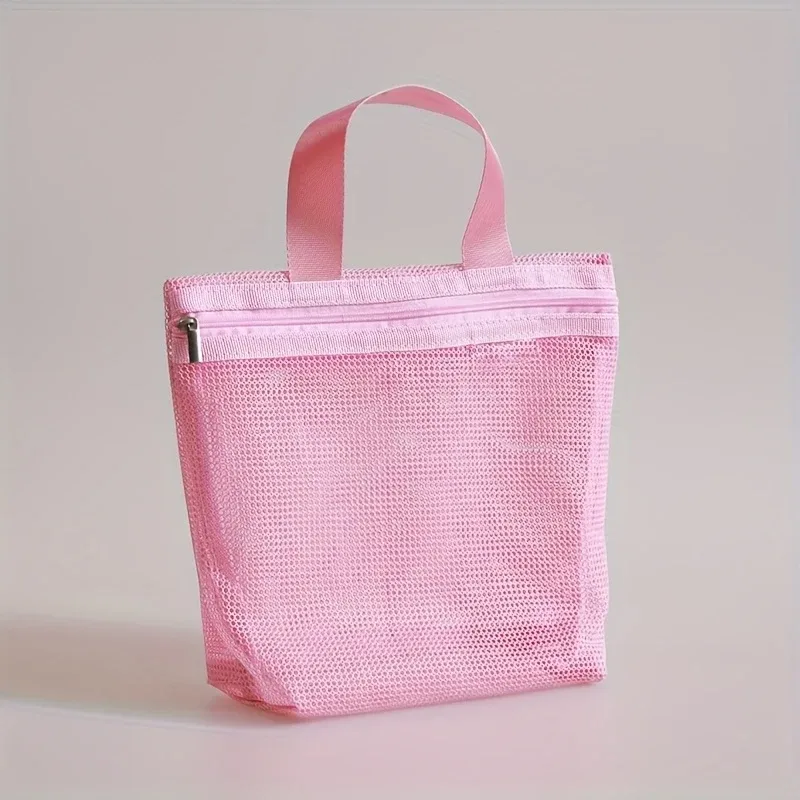 sac de rangement en maille portable pour sacs à main, design ajouré pour le bain, l'égouttage, les articles de toilette, les voyages, la natation, le maquillage.