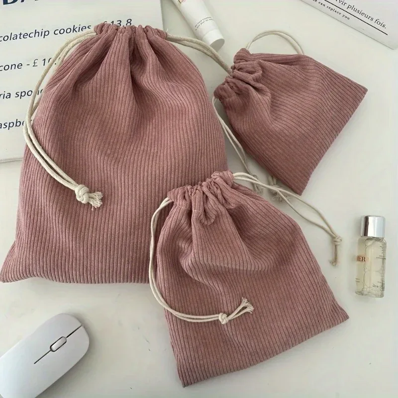 ensemble de sacs de rangement à cordon de serrage en velours côtelé – pochettes de maquillage portables légères de couleur unie avec grand, moyen