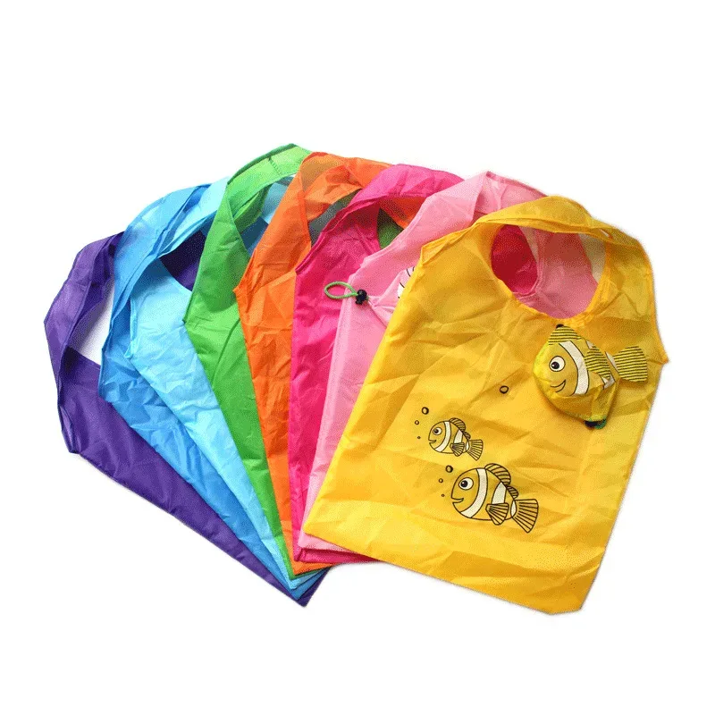 sac fourre-tout pliable de grande capacité, sac de rangement pliable, sac à main portable, sac à provisions réutilisable, dessin animé mignon, poisson clown, nylon