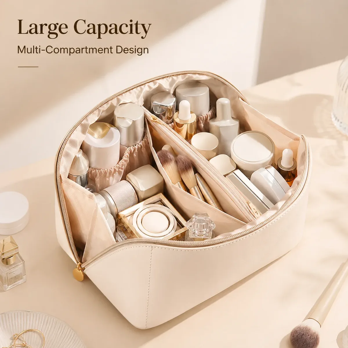 Grande Trousse de Maquillage de Voyage Portable avec Poignée, Organisateur Cosmétique Multi-Compartiments, Trousse de Toilette pour Femmes
