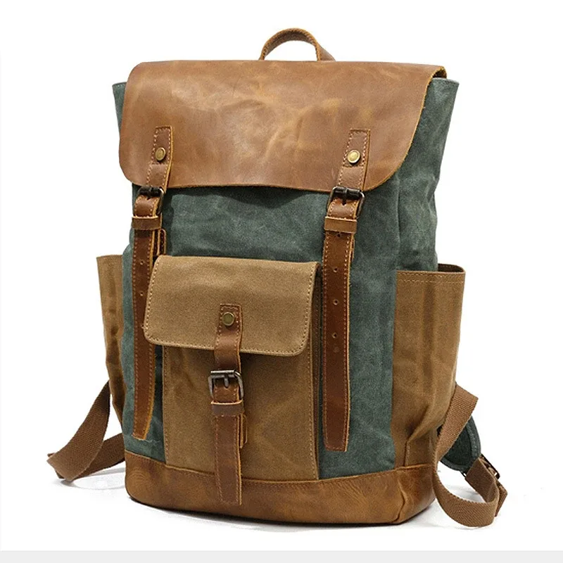 Sac à dos pour homme, sac à dos d'ordinateur portable imperméable pour voyage, sac à dos vintage en toile cirée, sac à dos en cuir pour homme, sac d'école