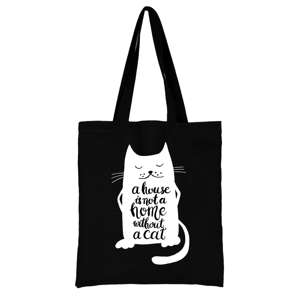sac de shopping en toile noire pour femmes, fourre-tout décontracté réutilisable, sac à bandoulière à motif blanc imprimé, sac à main pliable de grande capacité