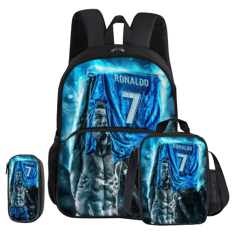 ensemble ronaldo 3 pièces avec sac à dos à poche frontale, sac isotherme pour le sport et le football, et trousse à crayons cr football star