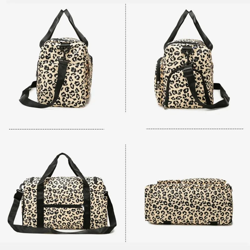 sac à bagages de loisirs de grande capacité imprimé léopard classique, avec plusieurs poches et compartiment à chaussures, sac de voyage de sport et de fitness