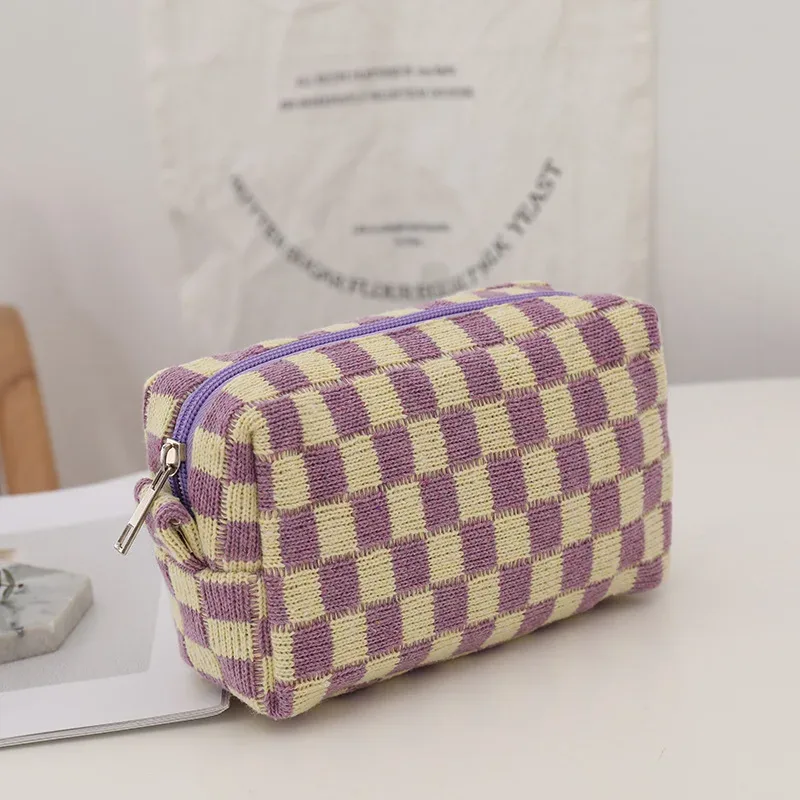 trousse de toilette en coton, trousse de maquillage pour femmes, design à carreaux, trousse de maquillage portable, jolie trousse à crayons, organisateur de cosmétiques pour voyage