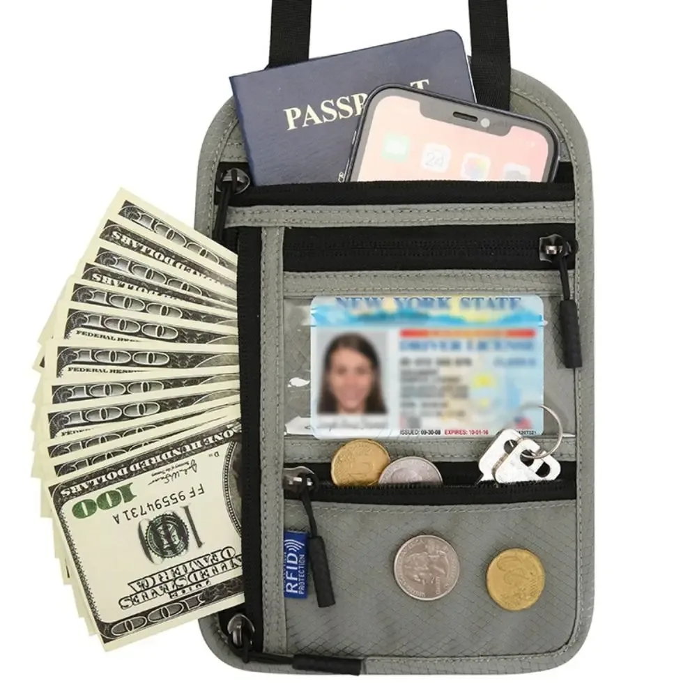 pochette de sécurité antivol en nylon, sac de passeport bloquant rfid avec sangle de cou réglable, portefeuille de voyage étanche