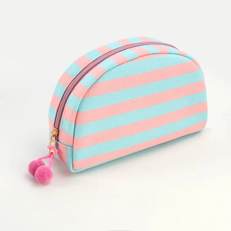 trousse de maquillage en toile rayée avec pom pom, organisateur cosmétique de conception de coquille, pochette de toilette de voyage de grande capacité