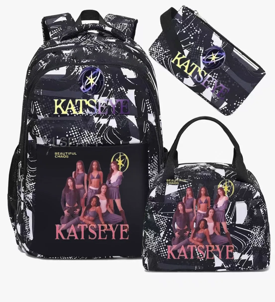 sacs d'école imprimés fashion katseye, ensemble de 3 pièces, sac à dos pour l'école primaire, garçons et filles, sac à dos de sport avec sac à lunch et trousse à crayons