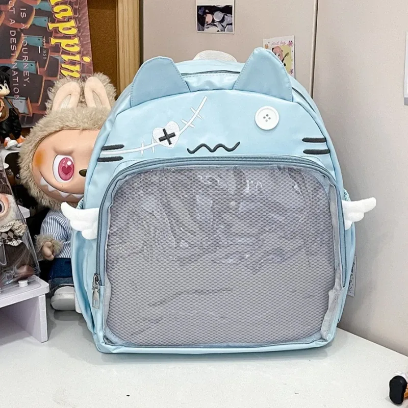 sac à dos chat mignon pour femme, sacs à dos esthétiques féminins, nylon, style japonais, mode décontractée, sac ita transparent, grande capacité