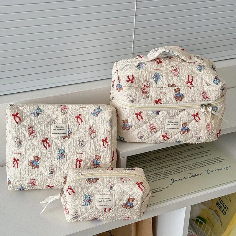 trousse de maquillage ours mignon, compartiments multicouches, organisateur de cosmétiques avec fermeture éclair, pochette de toilette de voyage portable pour femmes et filles
