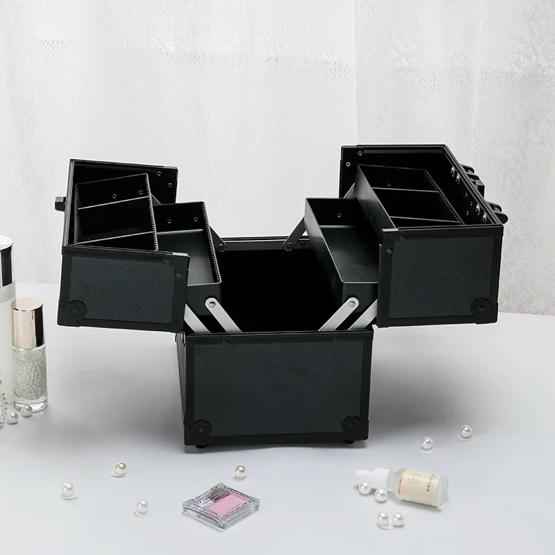 étui de train de maquillage en alliage d'aluminium, organisateur de boîte à bijoux, grande capacité, avec poignée