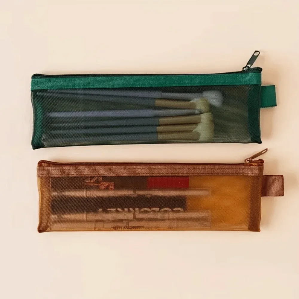 nouvelle trousse de rangement en maille pour pinceaux de maquillage, couleur unie, avec fermeture éclair, étui portable pour stylos, pochette de rangement pour stylos