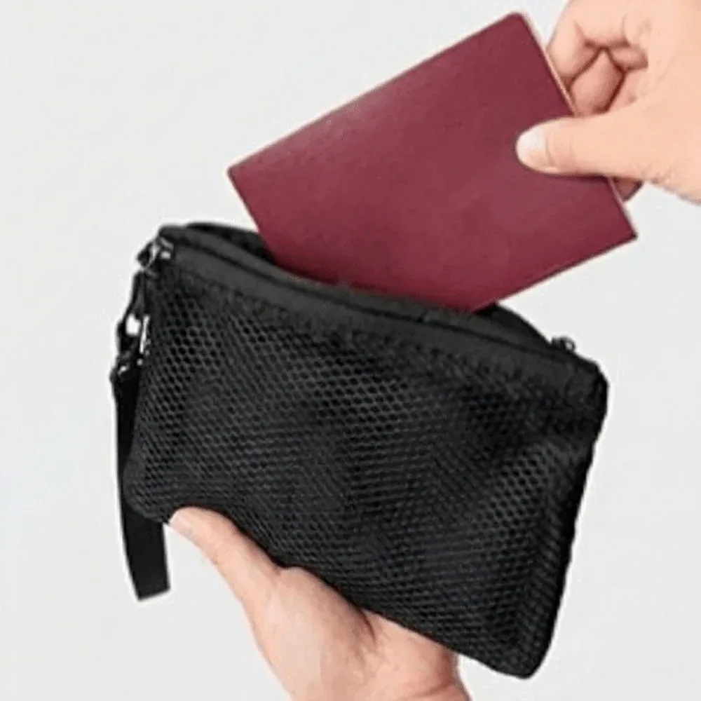 Sac de rangement léger en maille, sac cosmétique en polyester de couleur unie avec fermeture éclair, porte-monnaie multifonctionnel, sac de rangement de voyage