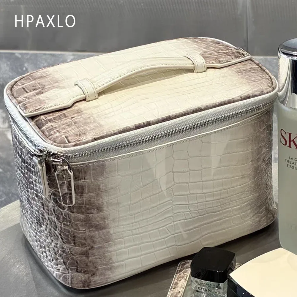trousse de maquillage de luxe en cuir de crocodile gaufré, organisateur de toilette de voyage, pochette à cosmétiques portable, rangement pratique et durable pour femmes