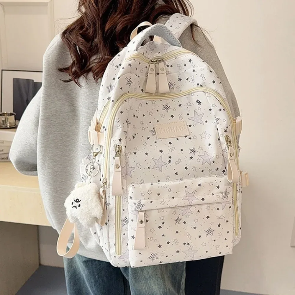 sac à dos portable imprimé étoile grande capacité style universitaire en nylon, sac d'école coréen pour étudiantes