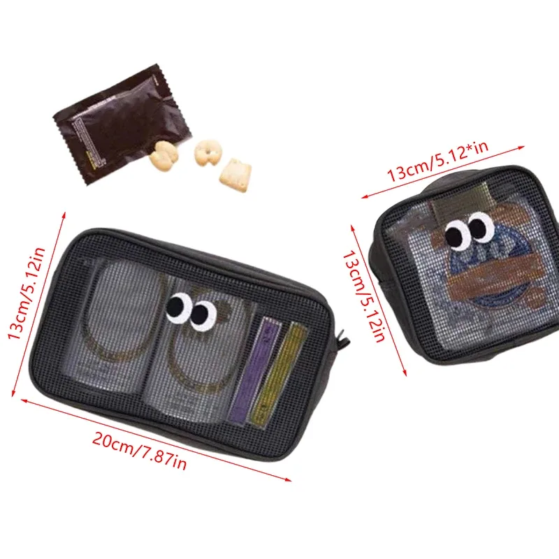 trousse de maquillage portable kawaii, sac cosmétique en maille, sac de rangement de produits de toilette, poudres de maquillage, grands yeux mignons, nouveau document de bonbons
