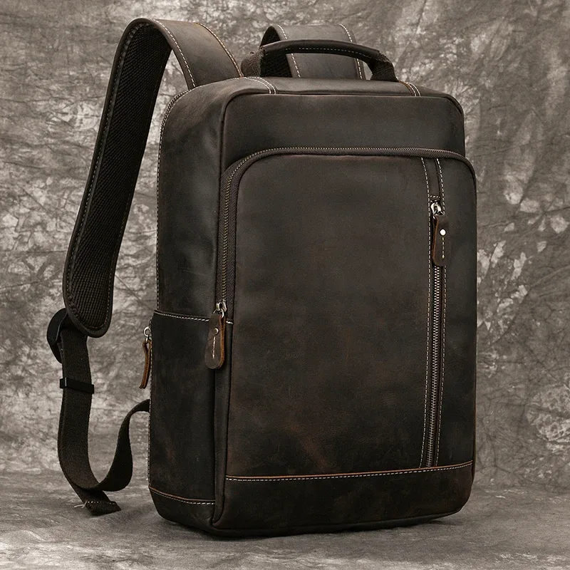 sac à dos en cuir crazy horse pour hommes, sac à dos de jour en cuir de vache pour ordinateur portable 15.6 pouces, sac à dos de voyage de grande capacité avec câble usb