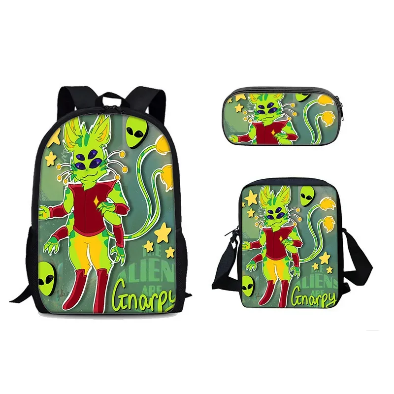 chat vert récupérateur gnarpy trois pièces ensemble sac à dos dessin animé école primaire sac à dos sac à bandoulière trousse à crayons