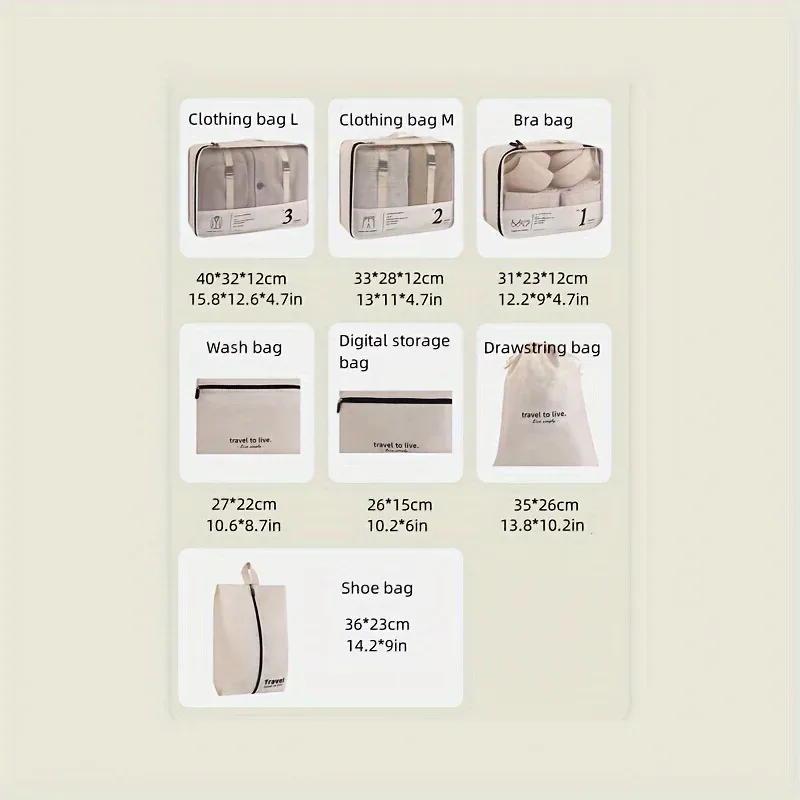 ensemble de 7 pièces populaires pour le voyage, un ensemble de sept pièces pour organiser les bagages et les vêtements, et un sac de rangement pour les cosmétiques et autres articles.