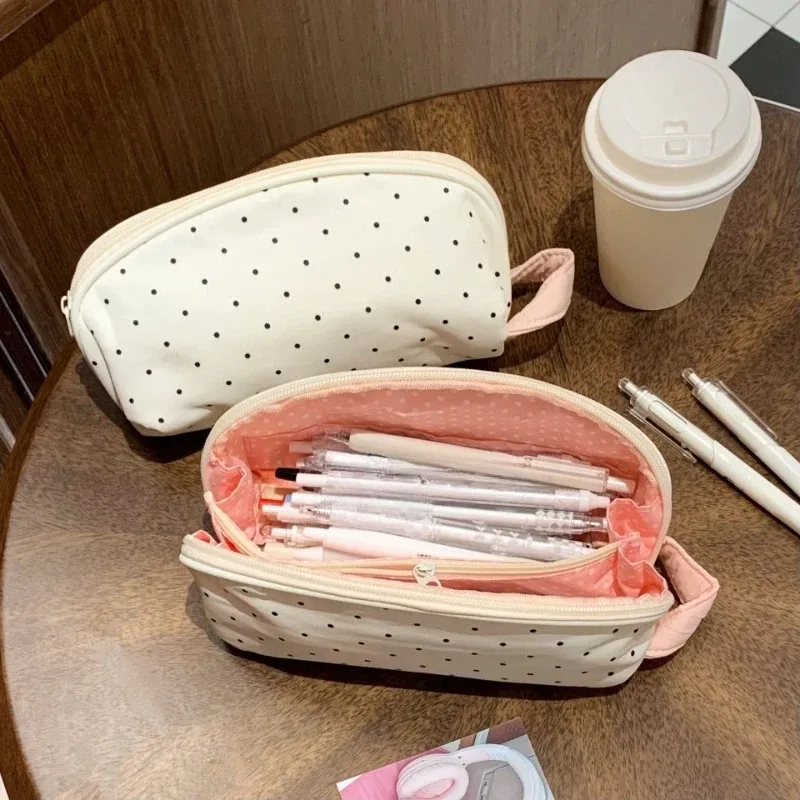 trousse de maquillage coréenne pour fille, motif étoile à pois, mignonne, grande capacité, pochette cosmétique, trousse à crayons pour étudiant, sac de rangement portable pour papeterie
