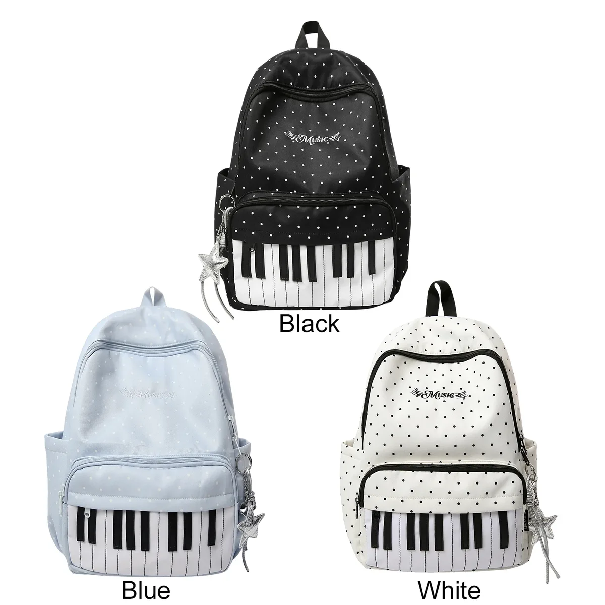 sac à dos décontracté en nylon de 16,9 pouces à pois avec motif clavier de piano et pendentif pour filles, idéal pour les voyages, le shopping et l'usage quotidien