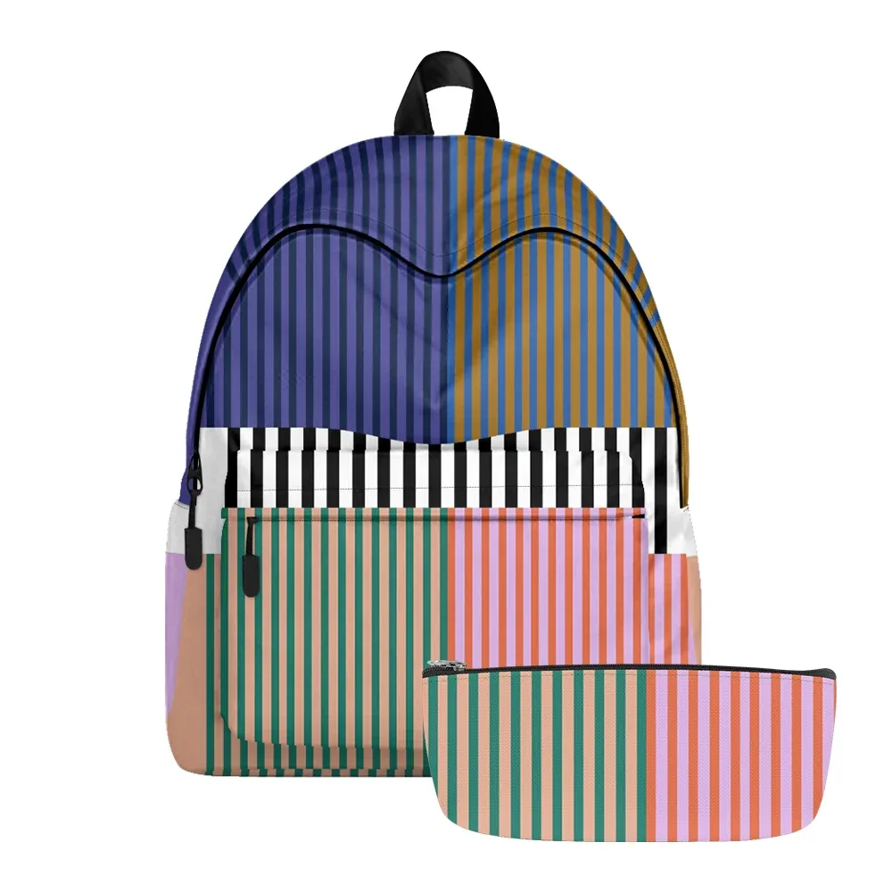 sac à dos imprimé ondulé à rayures verticales, sacs à crayons, sangles réglables, sac d'école léger et durable, sac de jour de voyage pour adolescents, ensembles