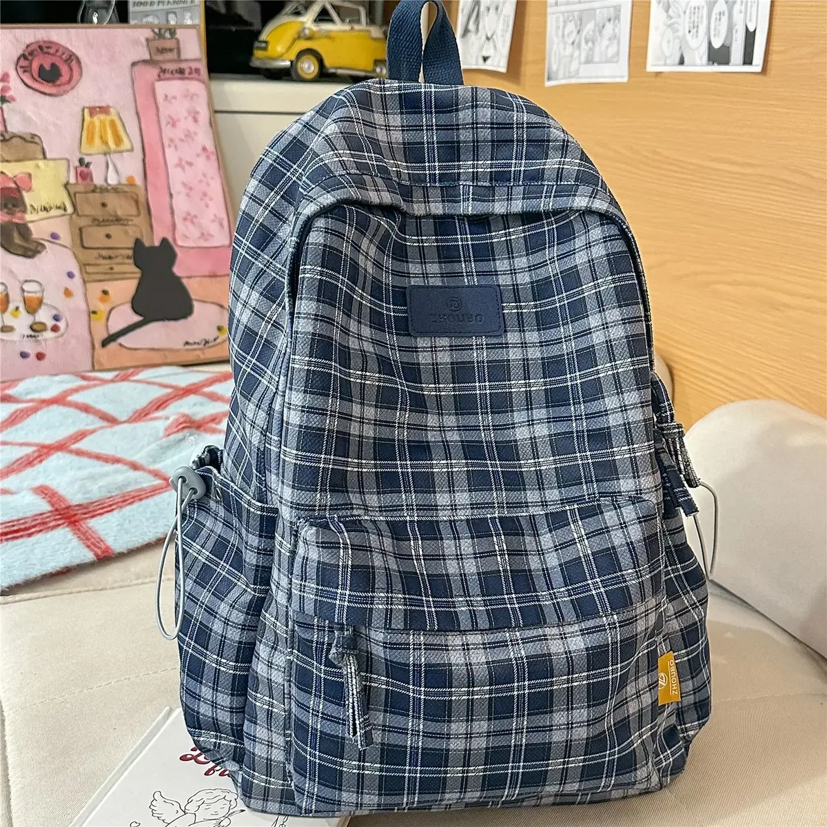 sac à dos rétro britannique à carreaux grande capacité pour filles, lycéennes, étudiantes, sac à bandoulière en nylon pour femmes