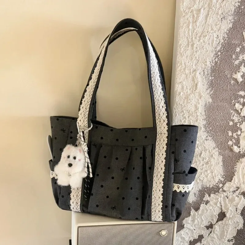 sac fourre-tout en toile floquée 3d à pois et dentelle, style coréen gris, grande capacité, pour étudiants et trajets quotidiens