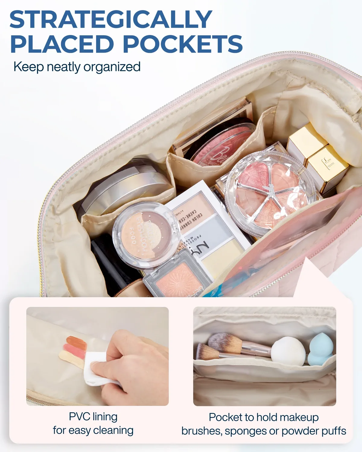 bagsmart-trousse de maquillage gonflée pour femme, trousse de maquillage rembourrée, trousse de maquillage, poudres larges ouvertes, trousse de toilette, essentiels de voyage
