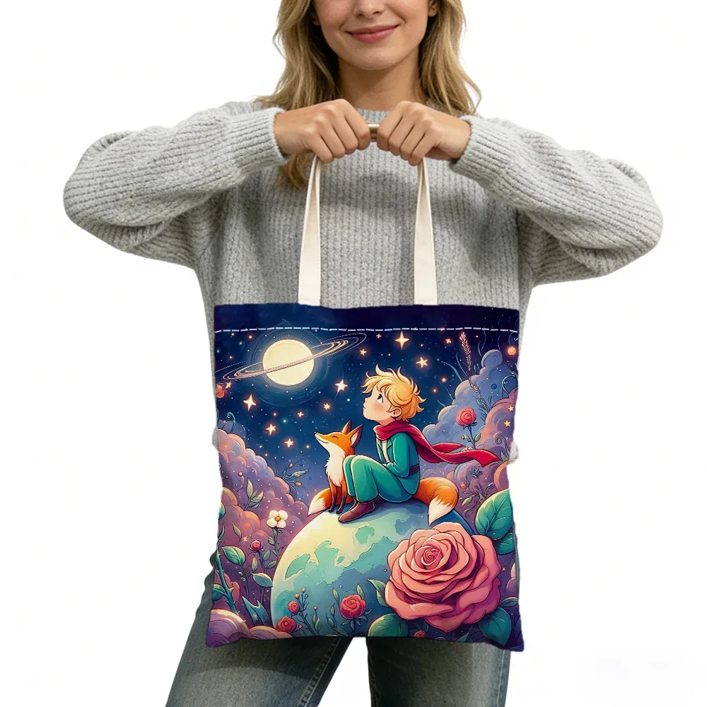 sac fourre-tout imprimé double face sans fermeture éclair, star boy cute fox cosmic rose, 40x45 cm, sac à bandoulière pour usage quotidien, shopping, apprentissage, extérieur