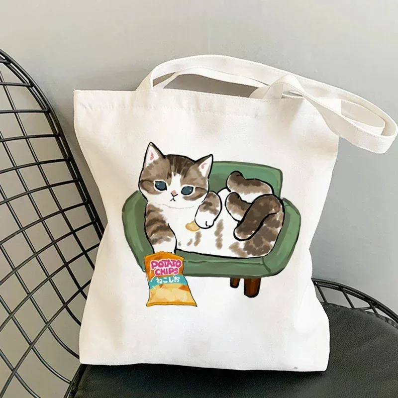 femme sacs à provisions kawaii dessin animé chats amusant sac fourre-tout shopper organisateur décontracté déjeuner sacs à main grande capacité toile sacs à bandoulière