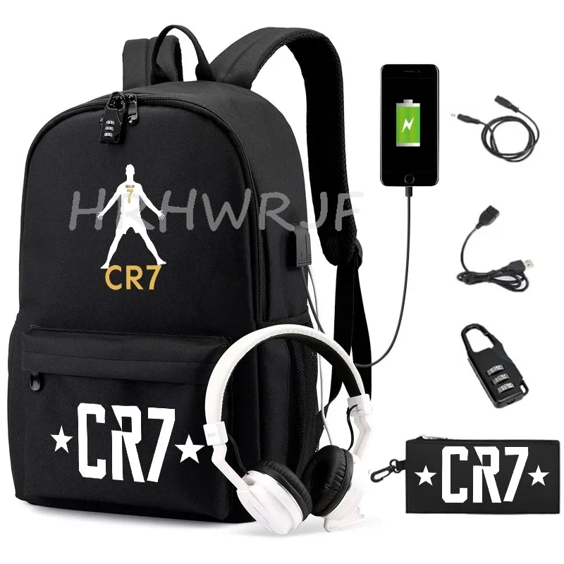 sac à dos usb cr7 pour femmes et hommes, sac à dos de voyage décontracté anti-vol, sacs d'école pour adolescents avec capacité pour ordinateur portable, avec trousse à crayons, 2 pièces