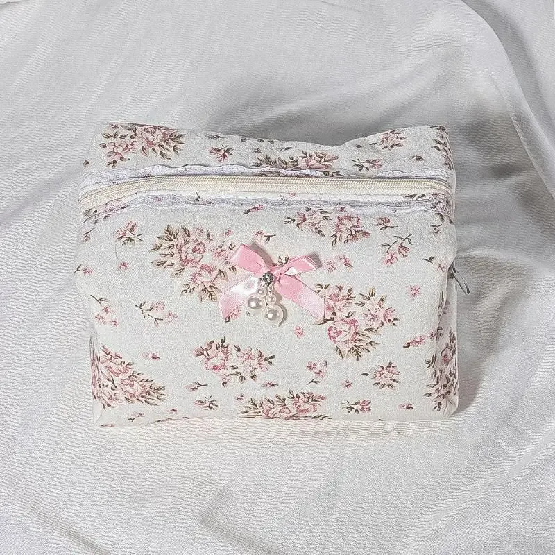 organisateur de maquillage de grande capacité pour femmes, 1 pièce, sac à cosmétiques avec nœud en dentelle, trousse de toilette de voyage, sac de rangement, trousse à crayons à volants à fermeture éclair