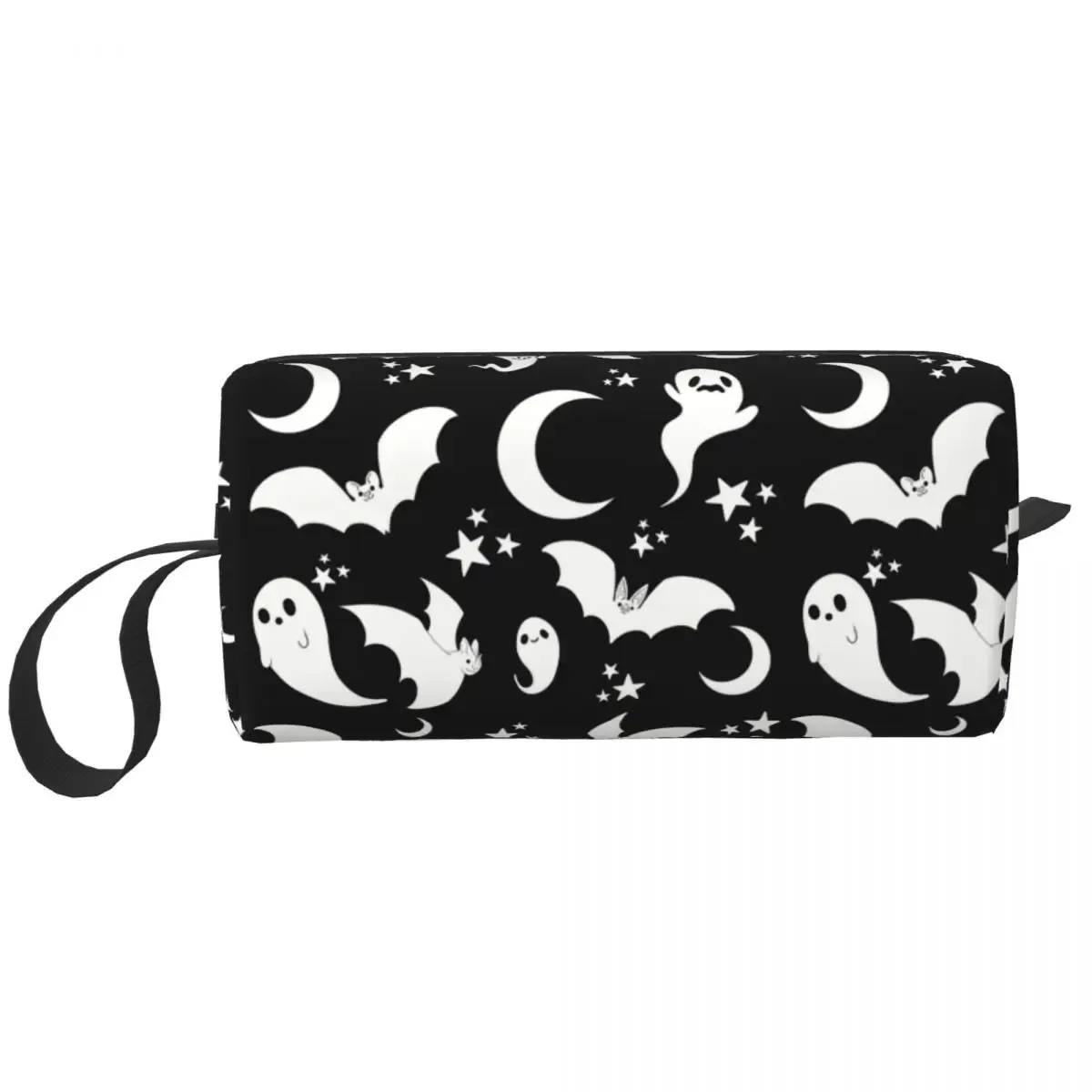 trousse de toilette personnalisée pour femme, chauves-souris enchantées en gris clair sur noir, trousse de maquillage de sorcière occulte gothique, trousse de rangement de beauté dopp