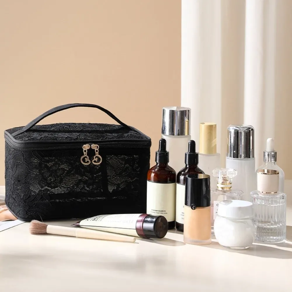 sac de maquillage portable élégant, motif floral en dentelle, trousse de toilette de voyage avec poignée, sac à main de grande capacité pour femmes