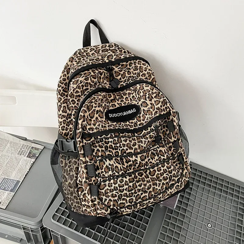 sac à dos vintage à imprimé léopard, grande capacité, sac d'école avec poche latérale en maille, pour étudiants, voyages, streetwear