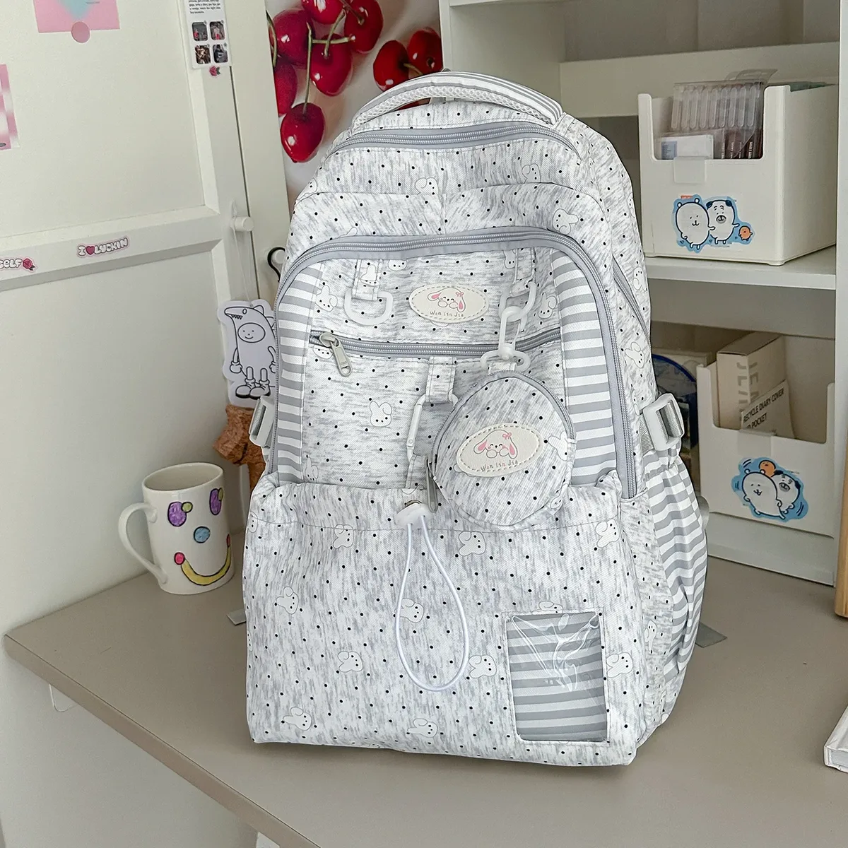 sac à dos rose à pois blancs pour adolescentes, léger et respirant, sac d'étudiant multi-poches, sac de transport imprimé dessin animé
