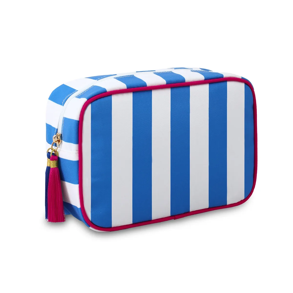 grand sac à cosmétiques portable rayé pour femmes, sac de maquillage à pompon avec fermeture éclair, pochette de rangement de grande capacité