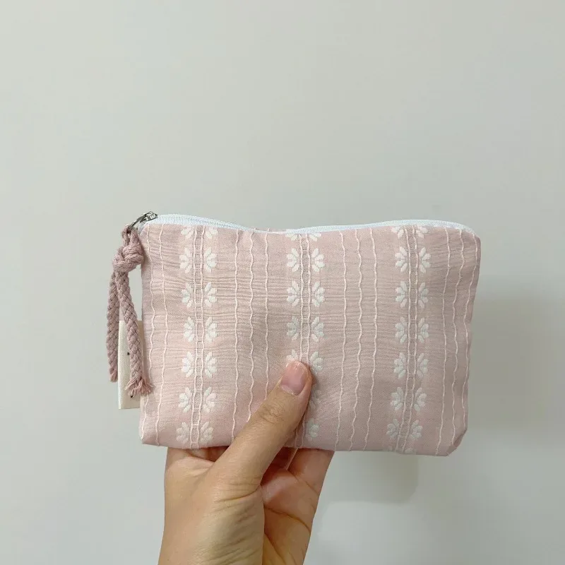 Pochette de maquillage rayée rose pour femme, mini sac à cosmétiques mignon, sac de rangement portable pour clés, écouteurs, rouge à lèvres, porte-monnaie