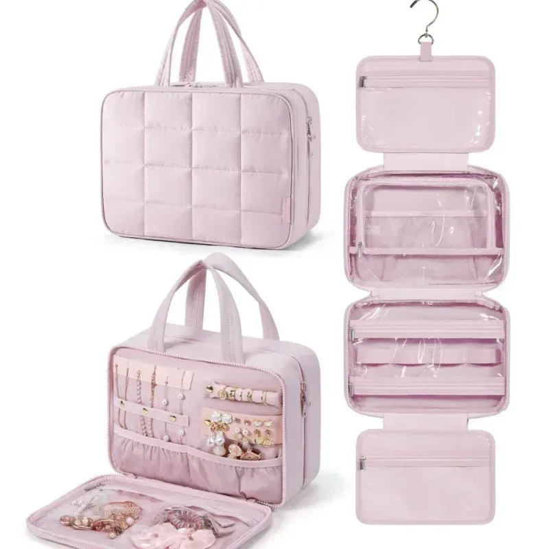 trousse de maquillage pliable à carreaux pour femmes, organisateur de voyage suspendu, trousse de toilette et de cosmétiques, pochette de beauté étanche, rangement de salle de bain