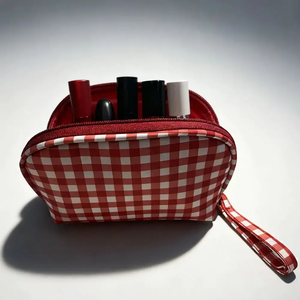 sac de maquillage simple en tissu oxford à carreaux rouges, imperméable, multifonctionnel, grande capacité, sac de toilette de voyage
