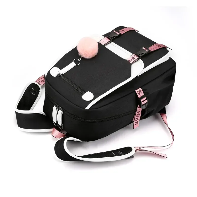 grands sacs d'école pour adolescentes, port usb, cartable en toile, sac de livre d'étudiant, mode noir rose, sac à dos d'école pour adolescents