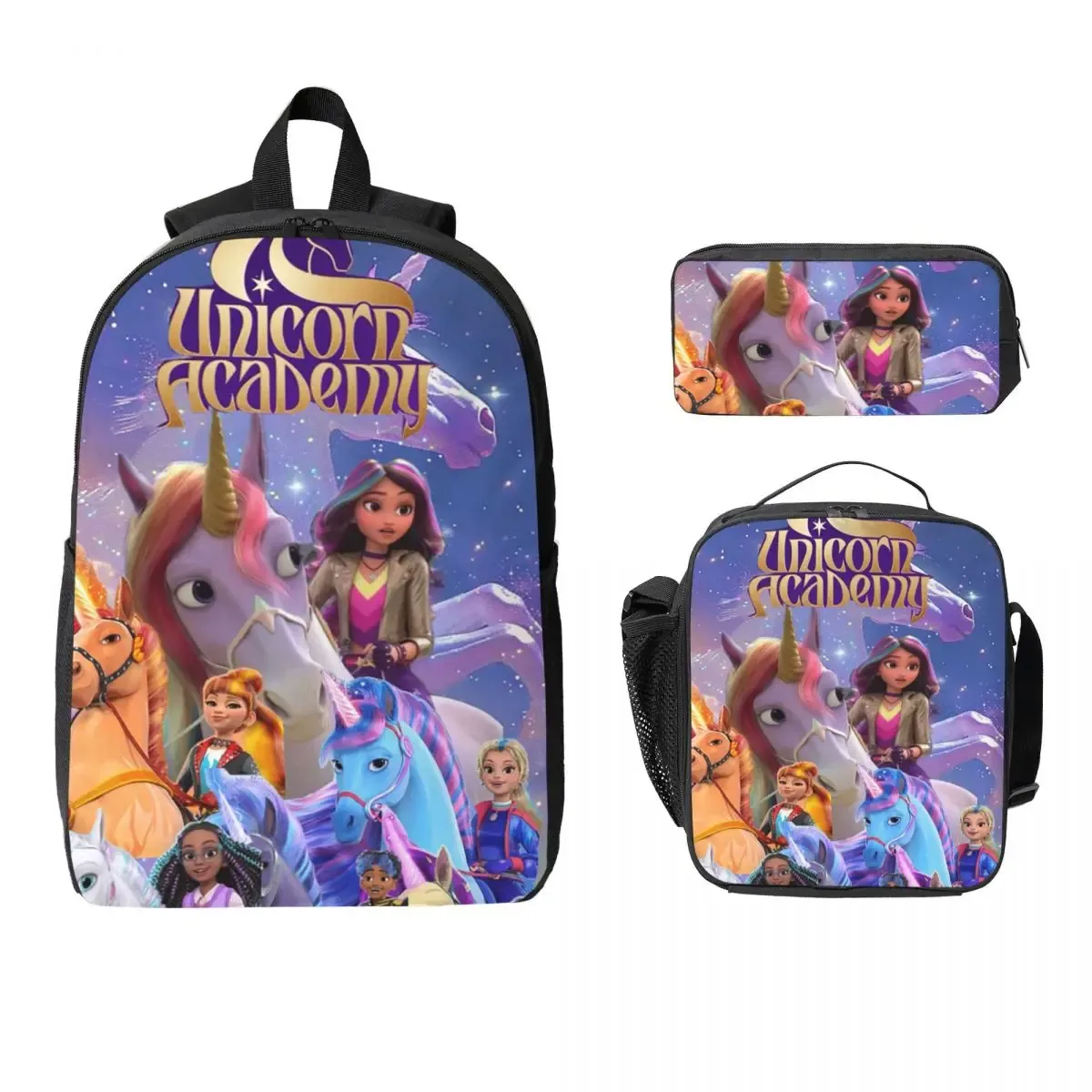 sac à dos unicorn academy pour garçons et filles, sac d'école, sac à bandoulière pour ordinateur, 3 pièces, sac à déjeuner isotherme, trousse à crayons
