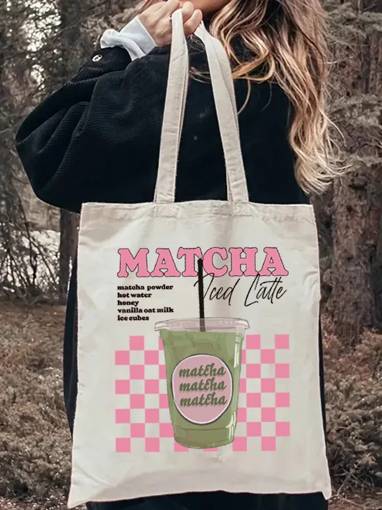 Sac fourre-tout en toile à motif Matcha Latte, sac à bandoulière pour voyage, déplacements quotidiens, sac de courses réutilisable pour femmes, cadeau pour les amateurs de Matcha, 1 pièce