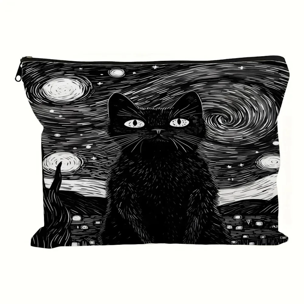 sac à cosmétiques chat noir drôle, organisateur de maquillage en tissu de lin pour voyage, sac à cosmétiques léger à la mode, pochette à fermeture éclair