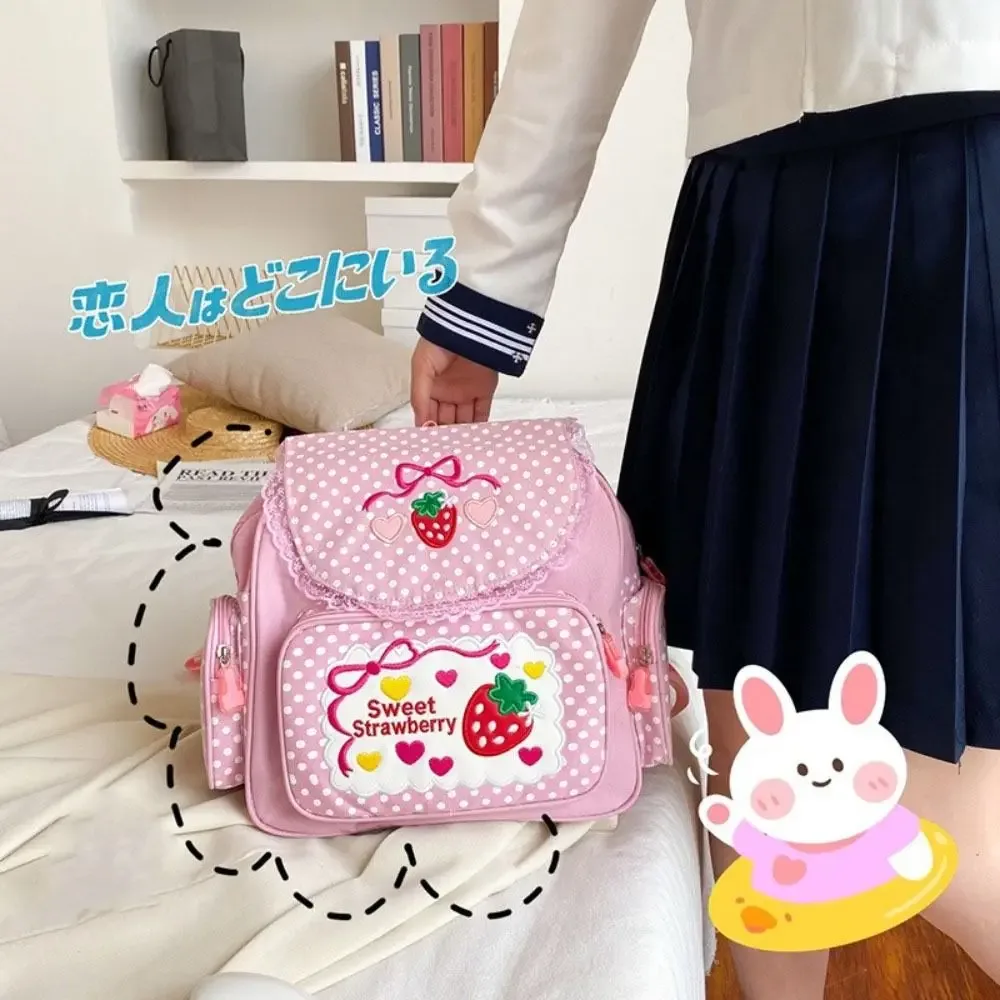 sac à dos scolaire tendance pour fille, motif fraise de dessin animé, à pois, avec nœud, multi-poches, pour étudiante